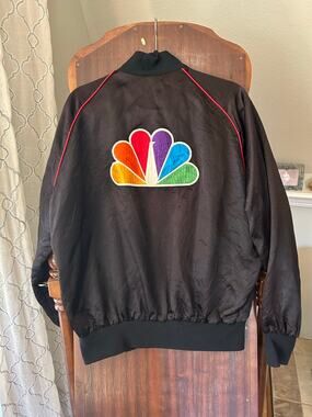 Vintage NBC Black Satin Rainbow Peacock Logo East West Jacket Large